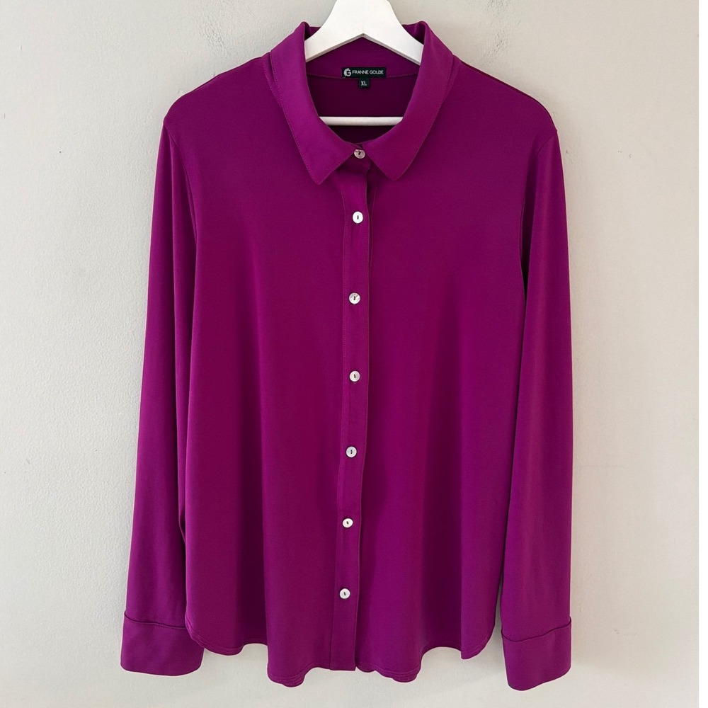 Franne Golde Womens XL Magenta Purple Stretch Button Down Long Sleeve Blouse USA